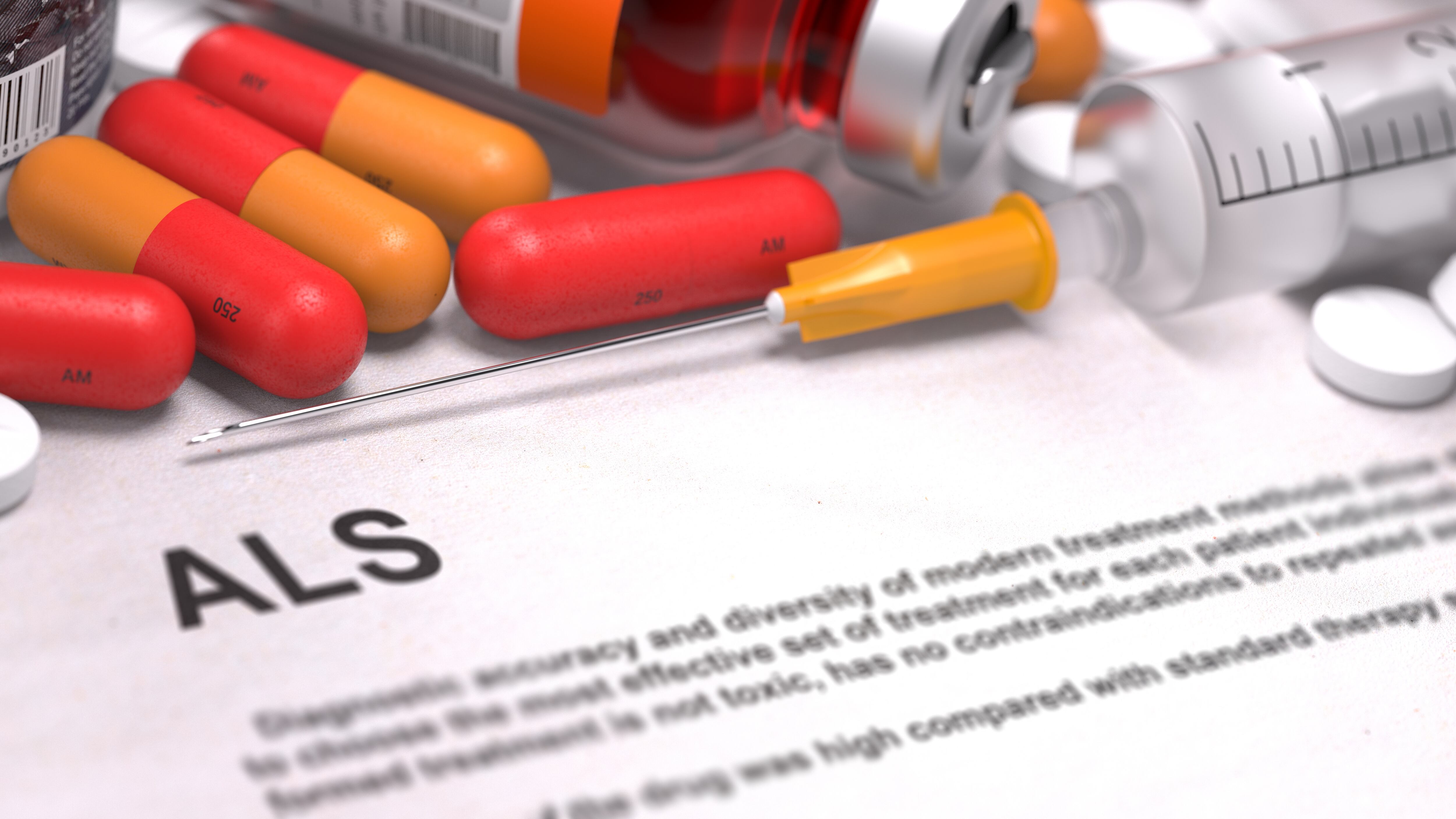 ALS - Printed Diagnosis with Blurred Text. On Background of Medicaments Composition - Red Pills, Injections and Syringe.